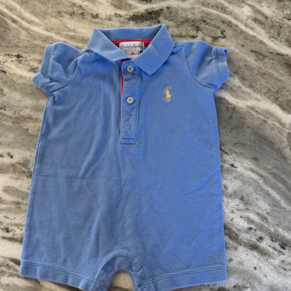 Blue Ralph Lauren Polo Romper with Yellow Logo